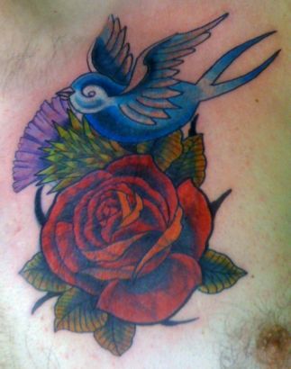 Rose With Bird Tats On Chest